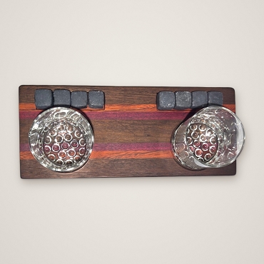 Peruvian Walnut, Purpleheart & Red Zebrawood Whiskey Tray Set with 2 Glasses & 8 Whiskey Stones