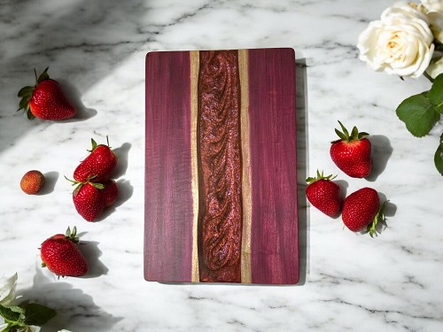Purpleheart and epoxy serving tray with routed handles 