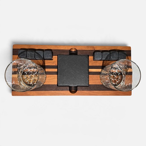 Handmade Peruvian walnut and cherry whiskey tray set with whiskey stones, two rocks glasses and two slate coasters 