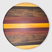 Top view of a 14-inch striped purpleheart, yellowheart, wenge, white wenge, walnut and red zebrawood lazy Susan 