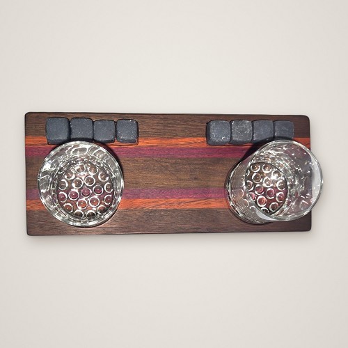 Top view of the Peruvian walnut, purpleheart and red zebrawood whiskey tray with 2 rocks glasses and 8 soapstone whiskey stones 